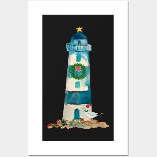 Christmas Watercolor Lighthouse Posters and Art